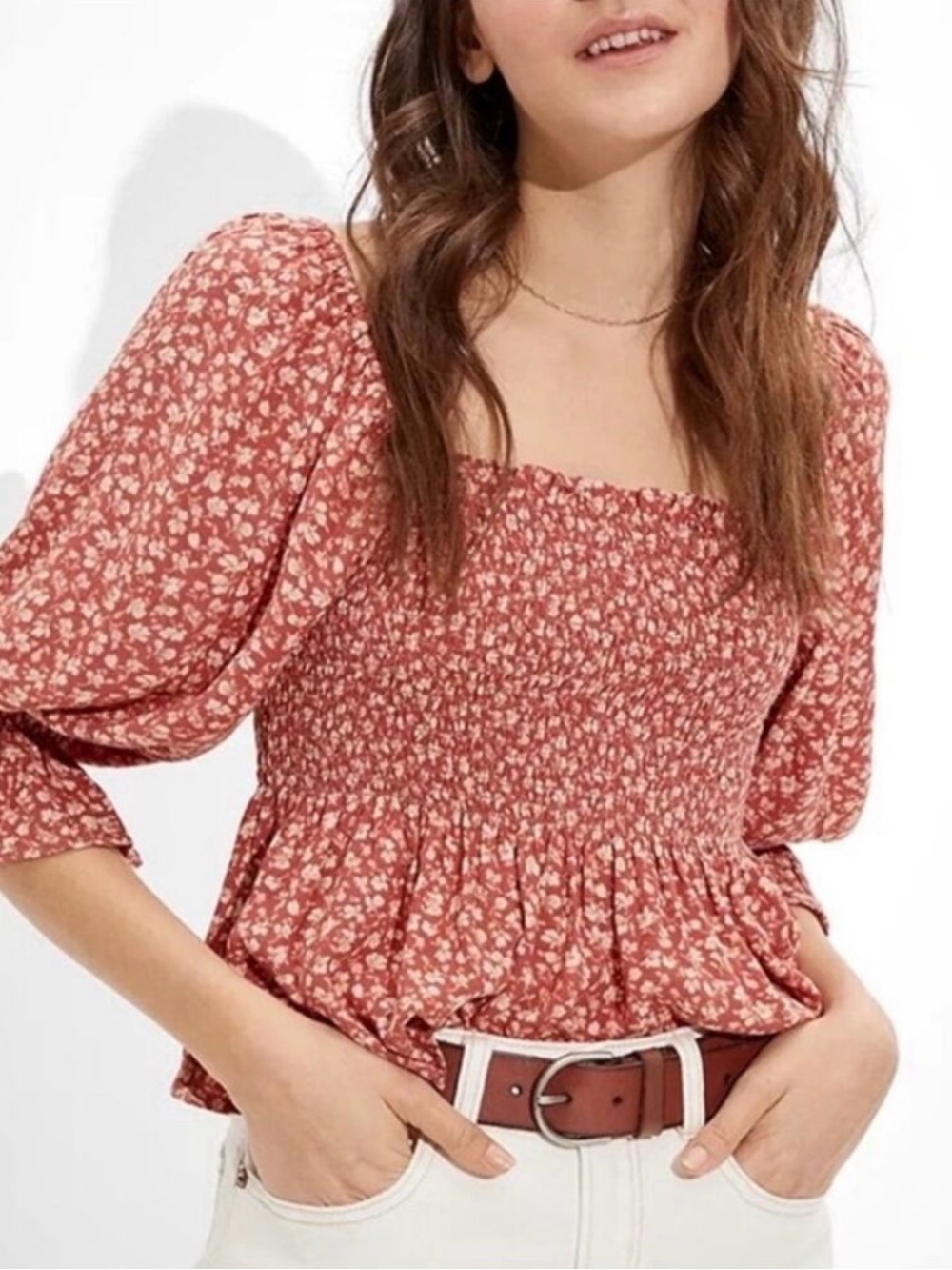 American Eagle Floral Peplum Smocked Blouse Medium Cottagecore Boho